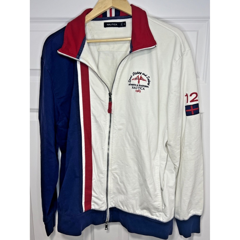 Nautica Sailing Regatta Full Zip Jacket White Red Blue 1983 Embroidered Flags
